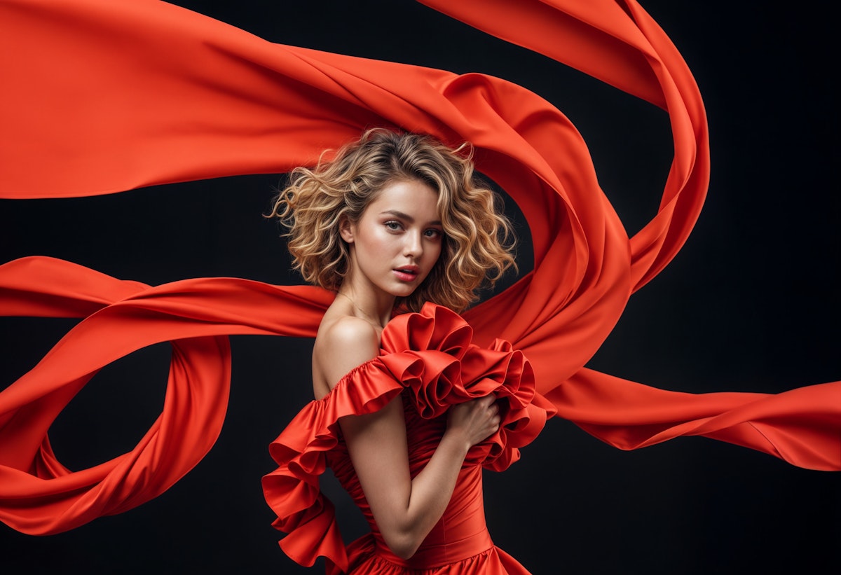 A stunning portrait of a woman in a flowing red dress with dramatic ruffles, set against a black background for a bold, elegant look.