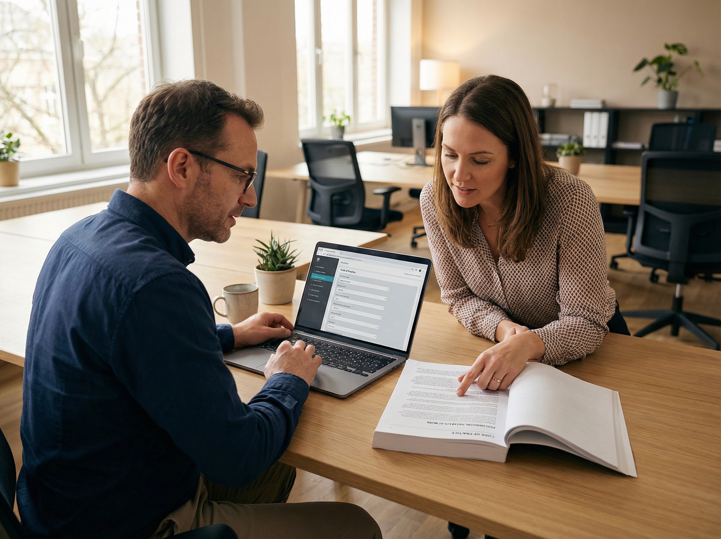 A WHS manager in his mid-40s and a people-and-culture lead in her late 30s sitting at a wide desk in a calm, well-lit office, working through a structured process together. He has a laptop open showing a multi-step interface — a left-hand navigation panel with numbered stages and a main panel with form fields and dropdown selectors, visible in structure and colour but not legible. She is sitting beside him with a printed copy of the Code of Practice open to a specific page, one finger resting on a paragraph she has just referenced.