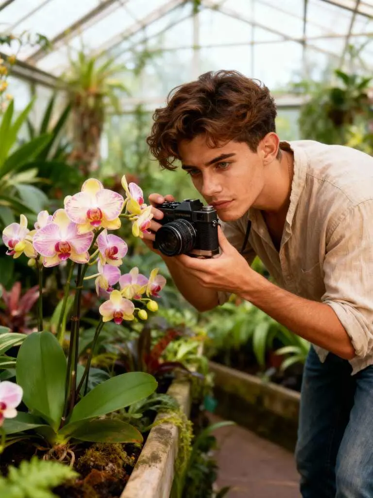 Young man photographing orchids in greenhouse, warm light, Luma AI Dream Machine.