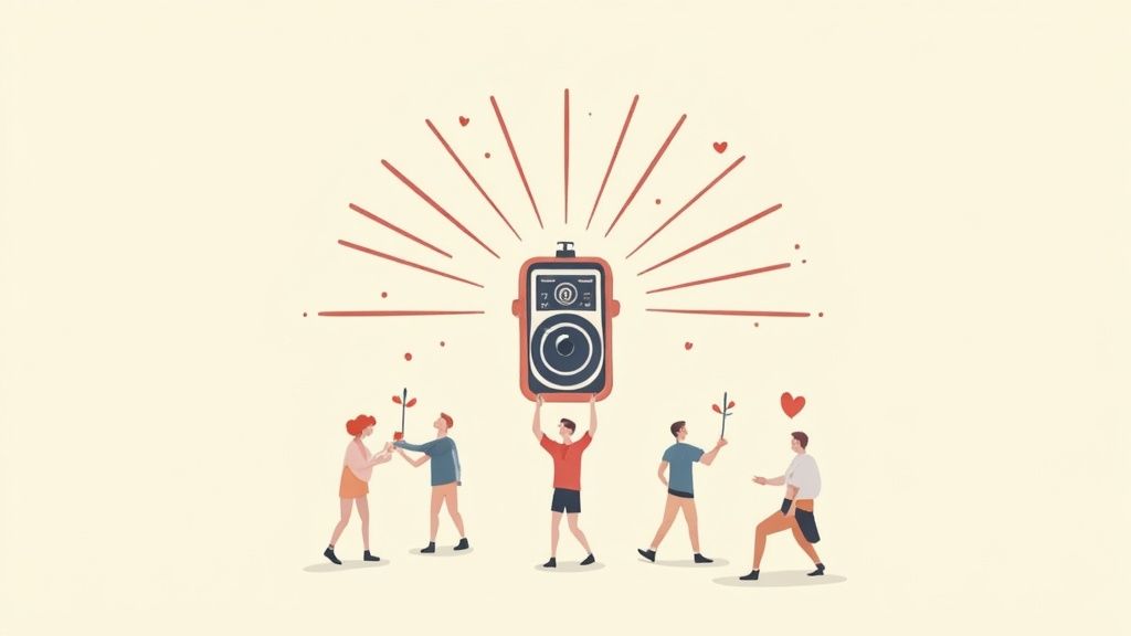 Illustration of diverse people collaborating around a central communication device, sharing plants and positive energy.