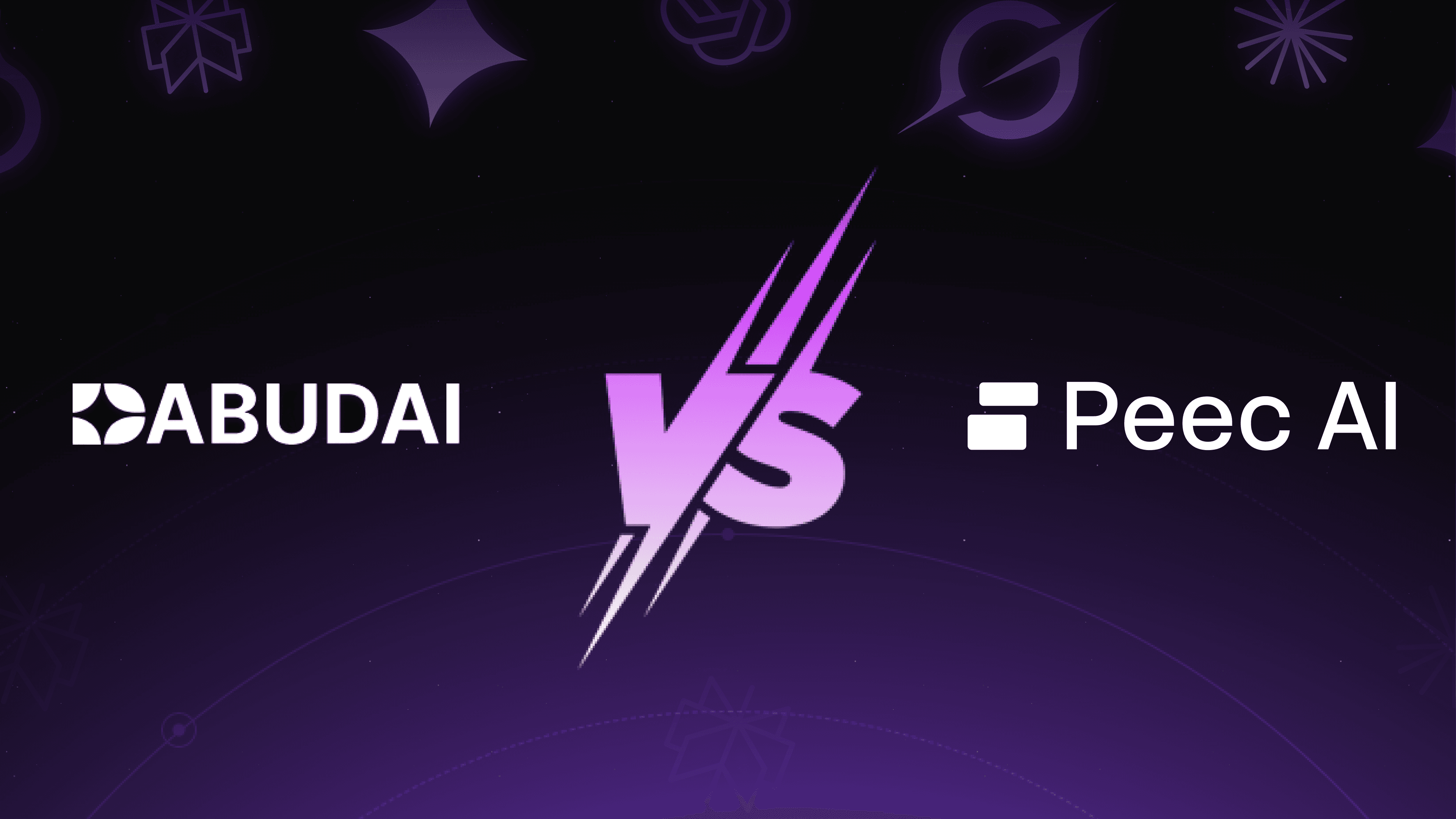 Dabudai vs Peec.ai comparison graphic for AI Visibility (AEO) with both brand logos and a central “VS” on a dark purple background.