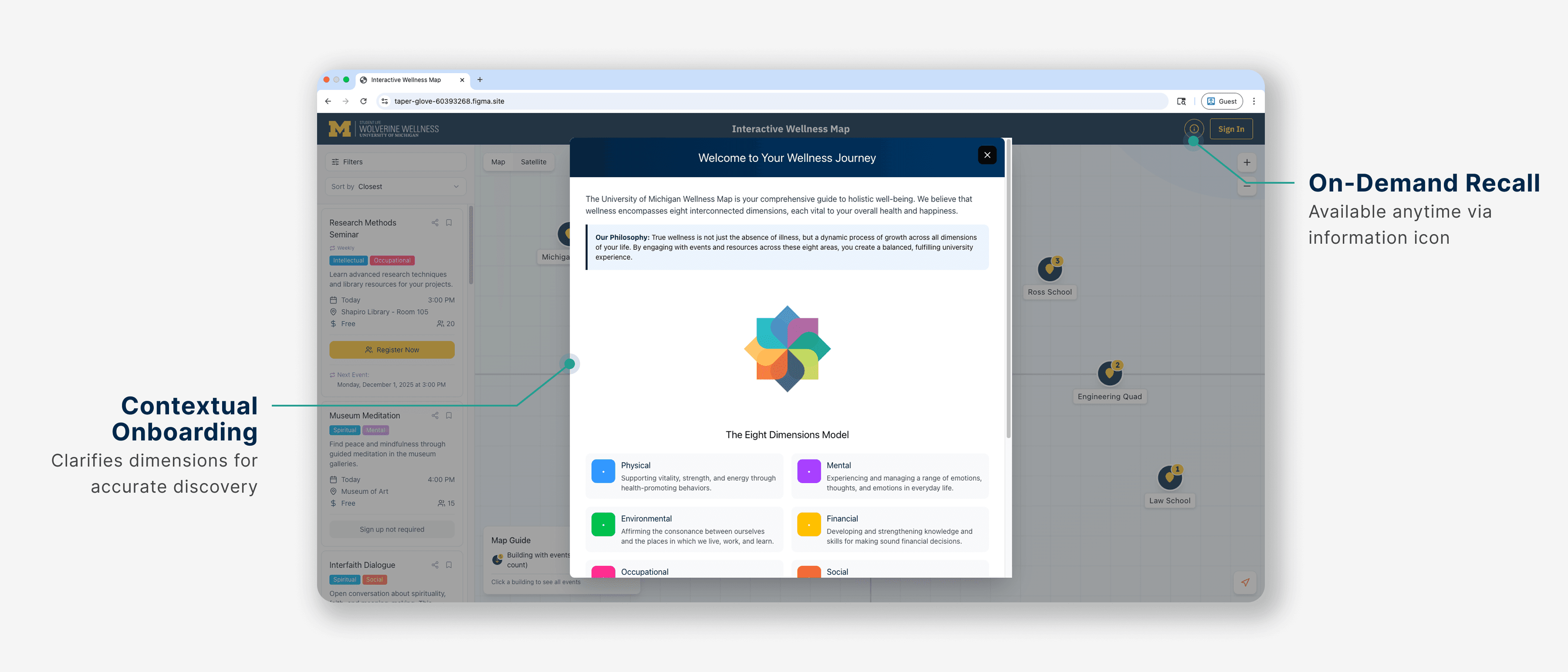 A digital interface displaying a colorful app design with various sections and icons on a light background.
