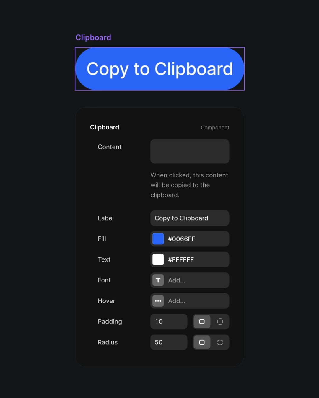 Interface for configuring a 'Copy to Clipboard' button with options for content, label, fill color, font, and hover effects