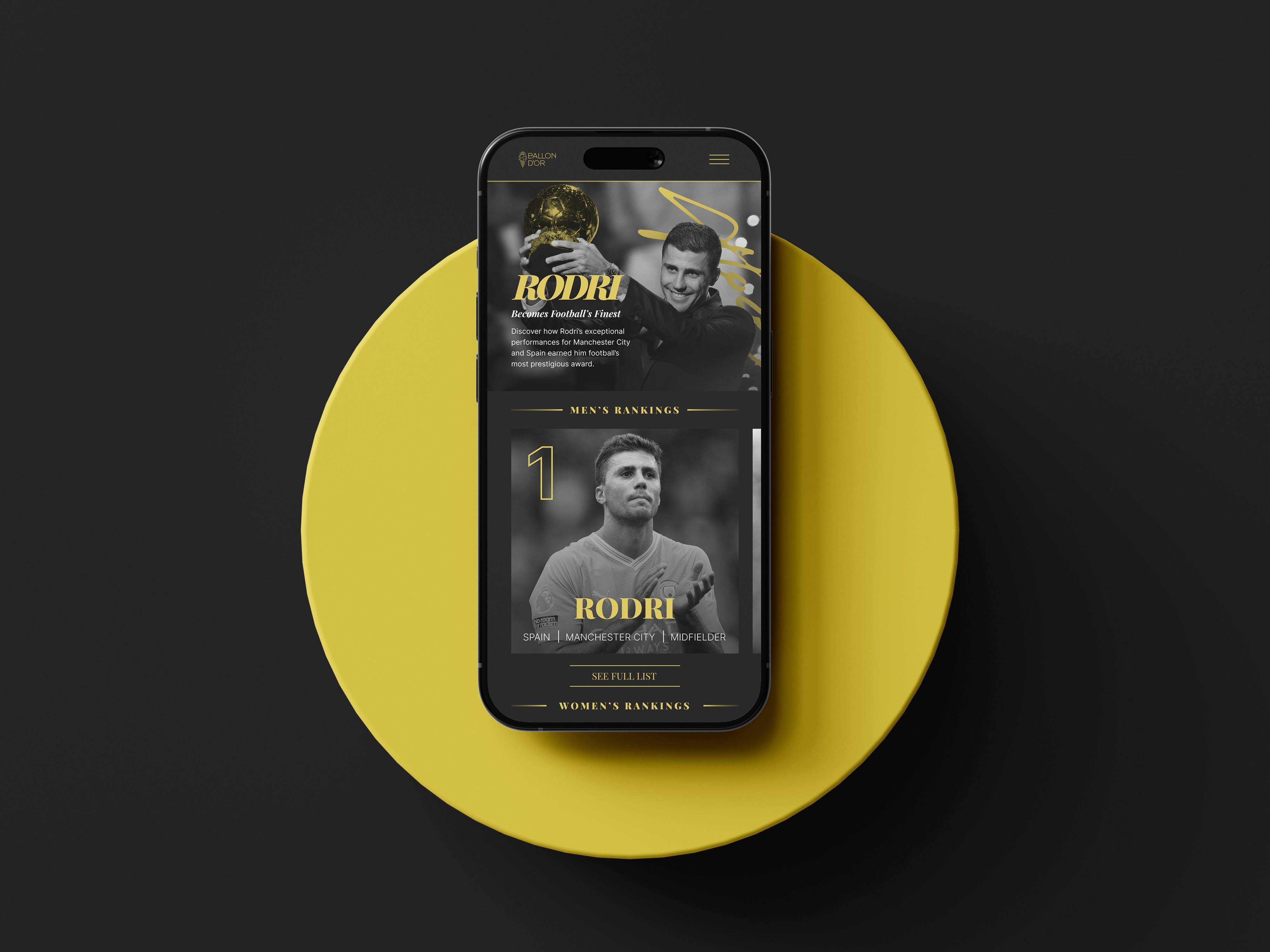 Phone on a stand featuring a landing page for a Ballon d'Or website
