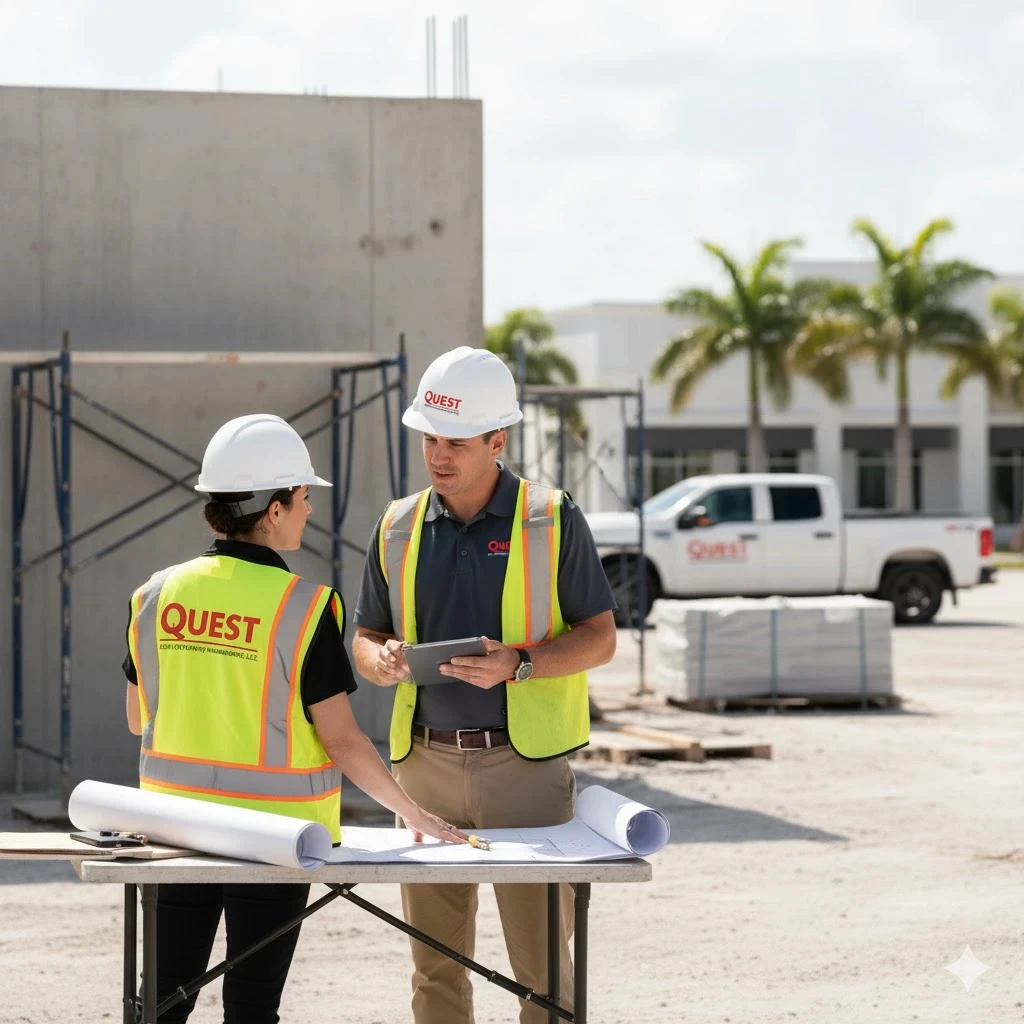 Contact US  Quest Construction professional discussing a project with a client in South Florida