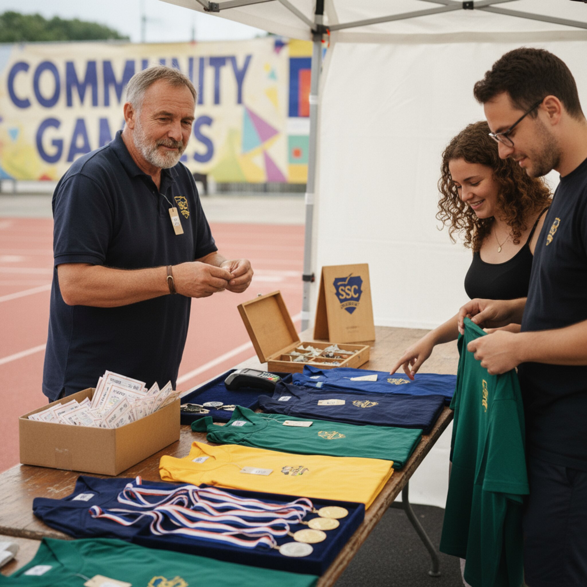 Ein Stand mit Vereinsmerchandise zeigt ordentlich gefaltete Shirts neben Medaillen auf Samt. Daneben stapeln sich Parktickets in einer kleinen Box. Eine Person zählt Wechselgeld, während Besucher neugierig über den Tisch blicken und sich leise über Größen und Farben austauschen.