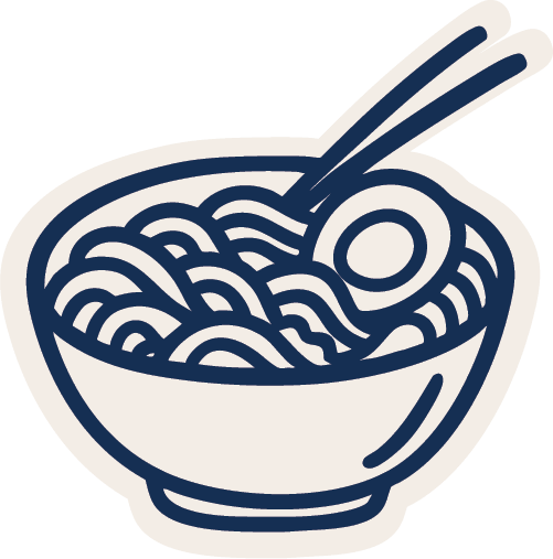 A simple line drawing of a bowl of noodles with chopsticks and a boiled egg.