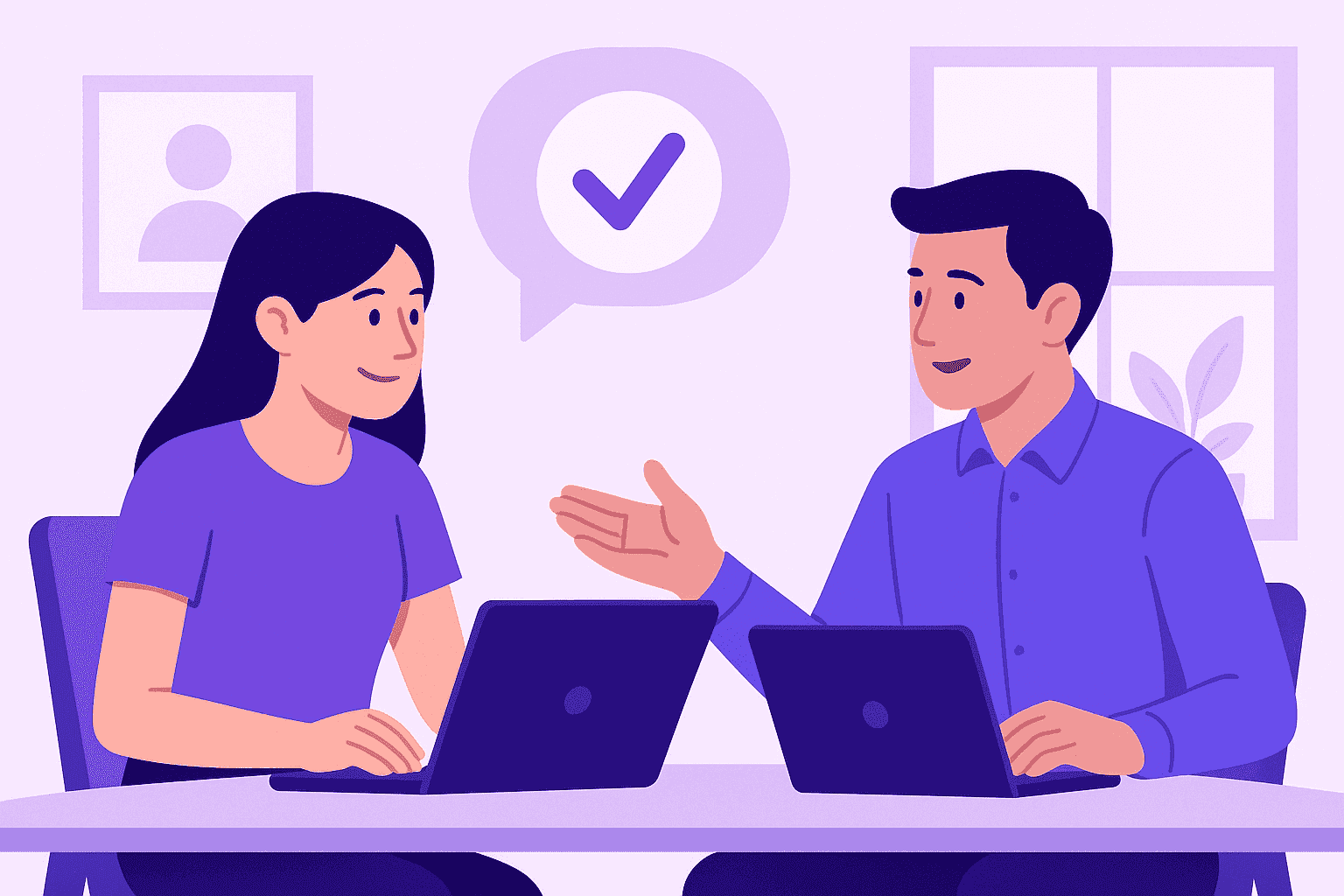 A flat-style digital illustration showing a leader giving constructive feedback to an employee in a calm, collaborative environment, both seated at laptops and engaged in open conversation.