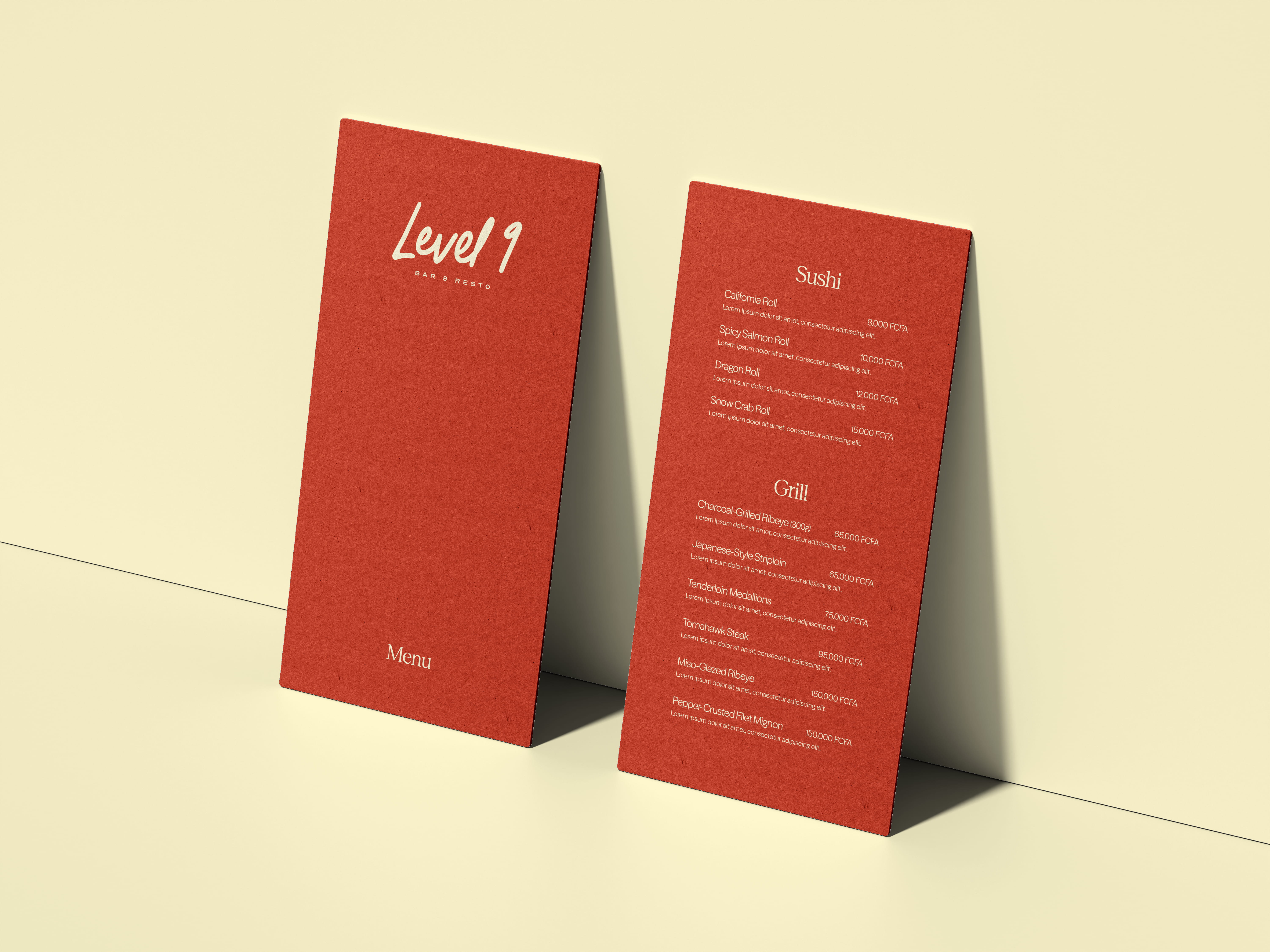 Branding, menu design and visual identity design for restaurant and bar with sushi, steaks and cocktails in Douala, Cameroon