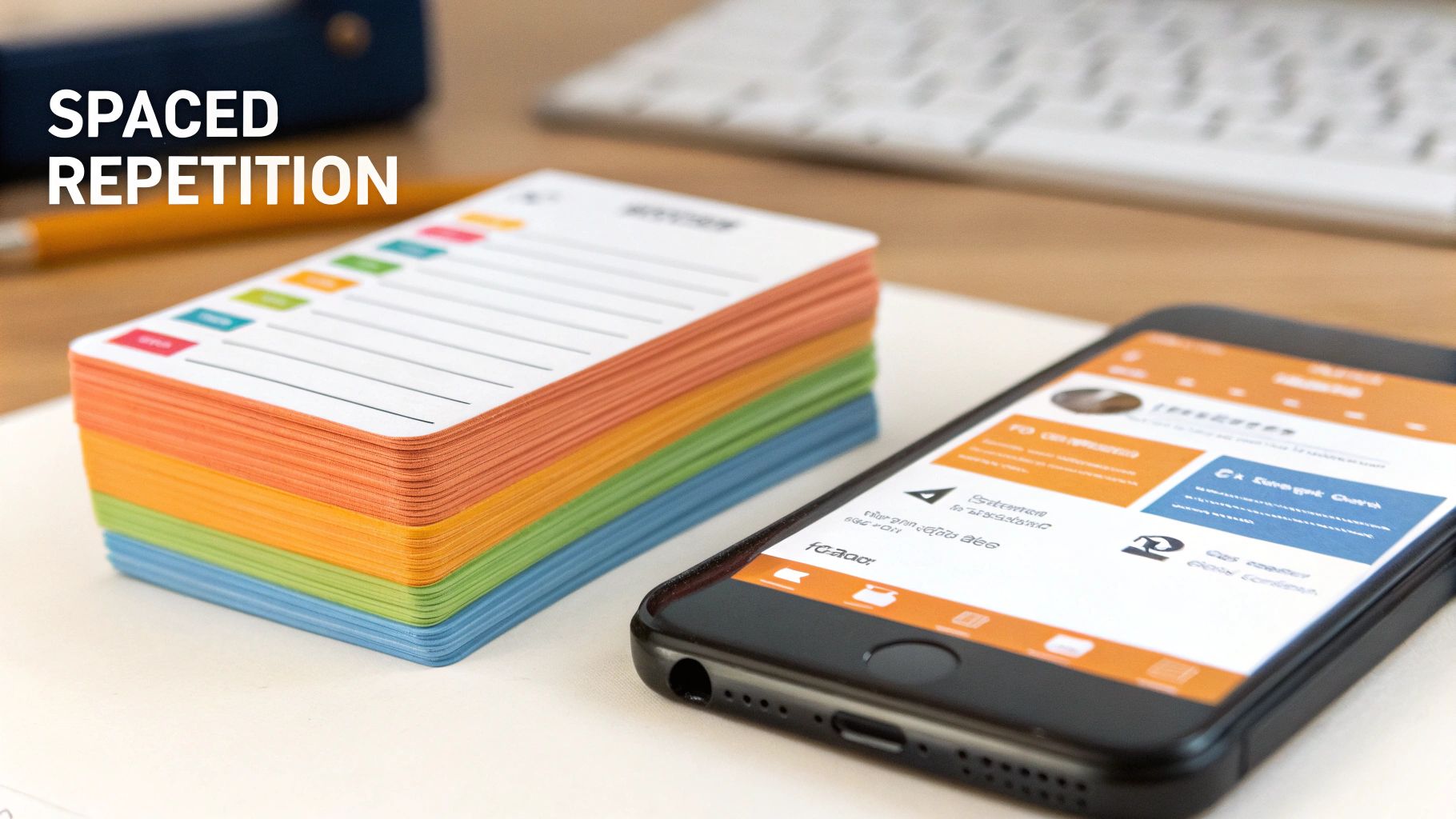 Colorful flashcards and a smartphone illustrate spaced repetition for effective learning and memory.