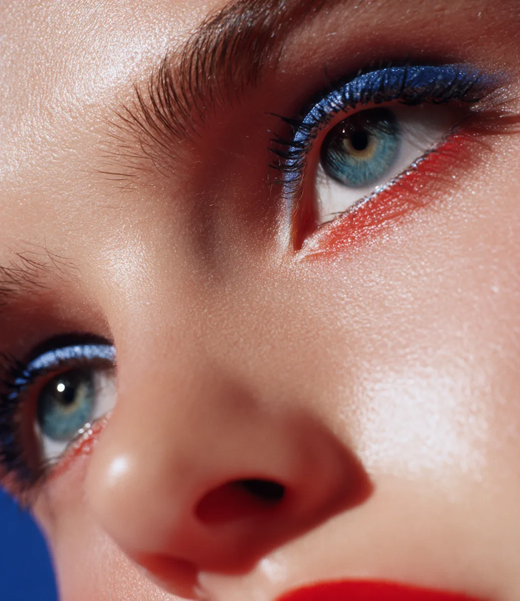 Close-up of glossy, iridescent rainbow lips on dark brown skin, showcasing vibrant metallic makeup.