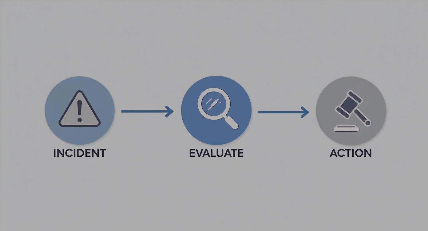 A process flow diagram showing three steps: Incident (warning sign), Evaluate (magnifying glass), and Action (gavel).