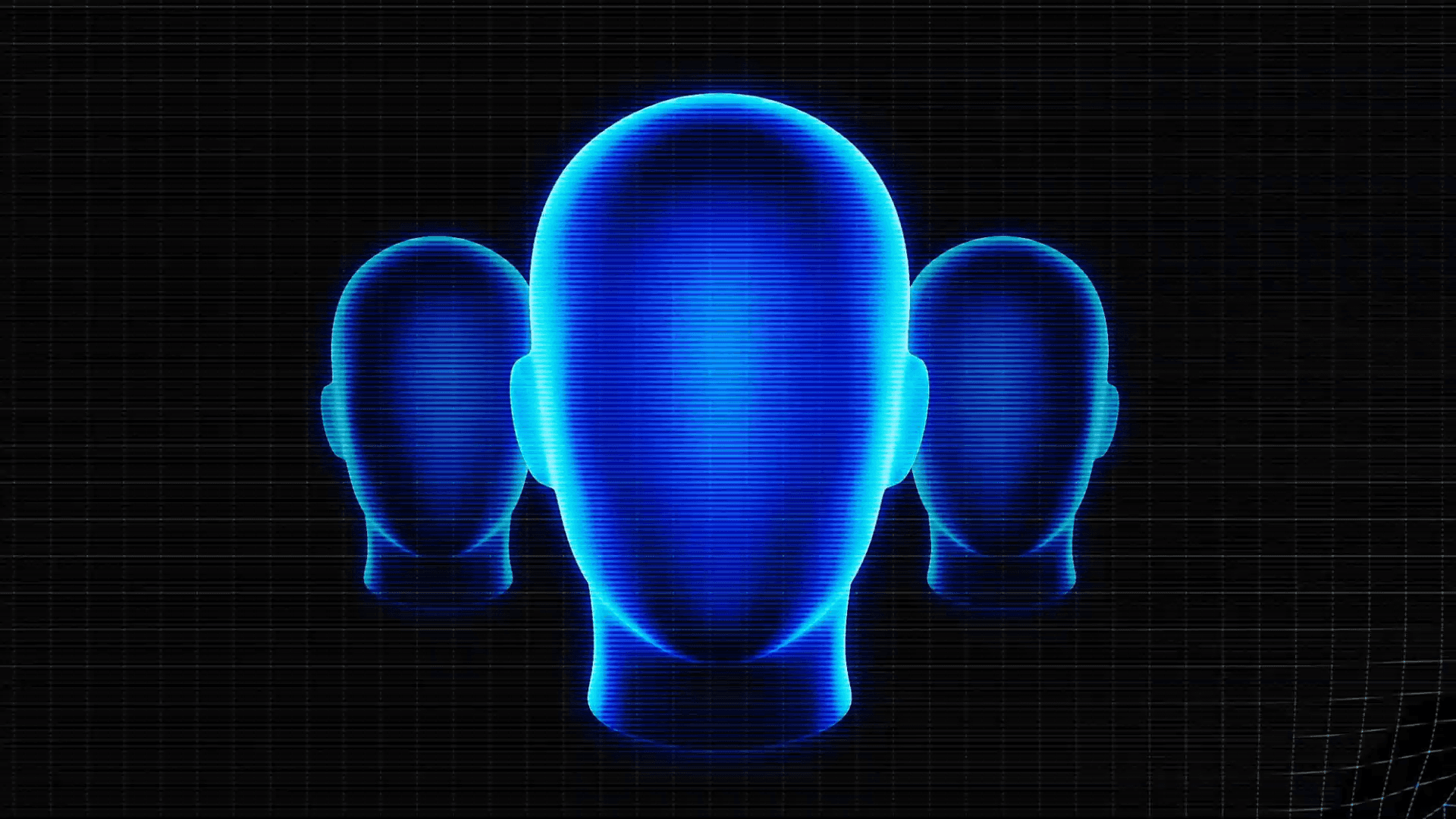 Futuristic neon blue head silhouettes on grid background
