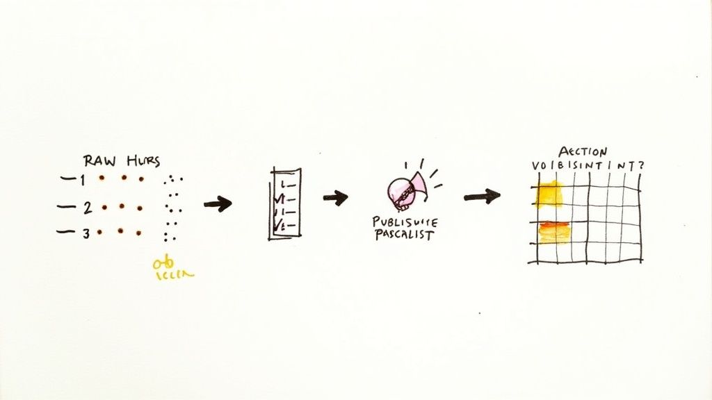 Hand-drawn workflow diagram showing data collection, measurement, publishing, and action steps for social media analytics