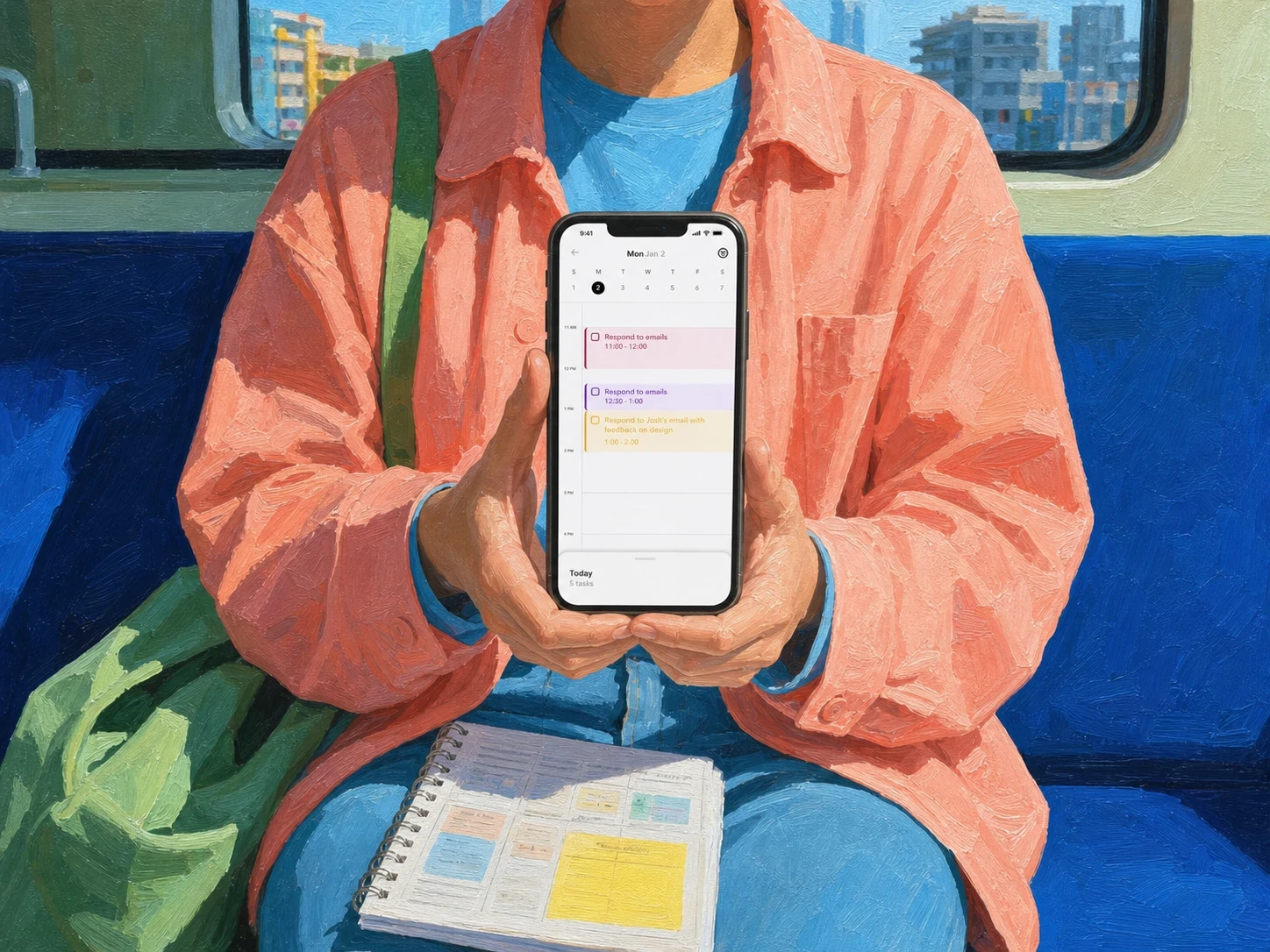 A commuter holds an iPhone showing a visual daily plan above a paper planner.