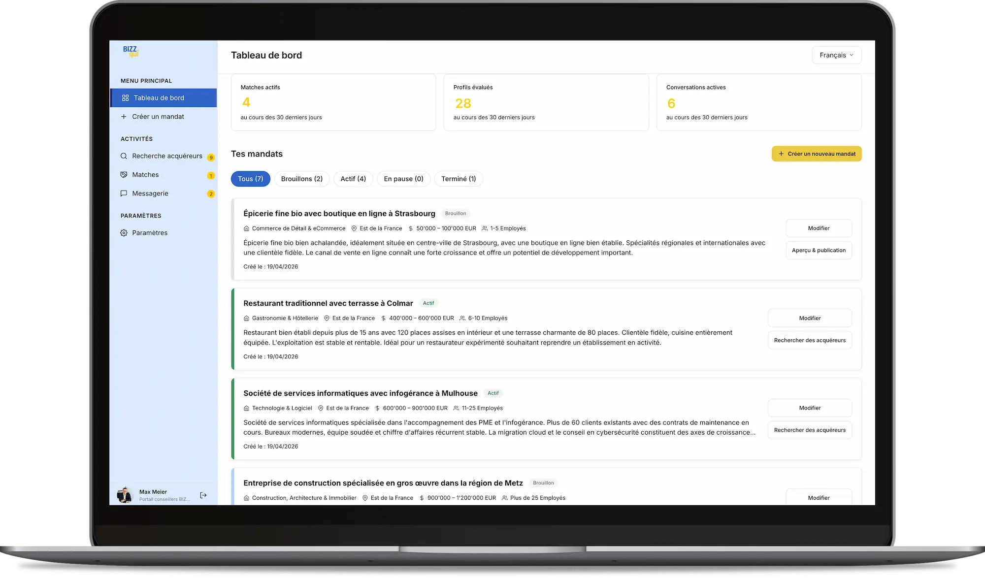 Portail conseillers BIZZqui sur laptop : gérer les mandats de transmission et trouver des acheteurs adaptés pour la transmission d'entreprise