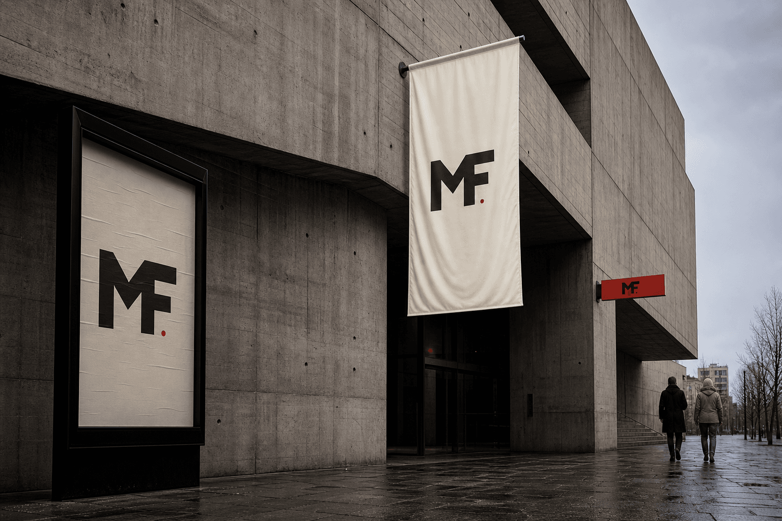 MF identity applied to banners, signage and posters on a contemporary cultural venue