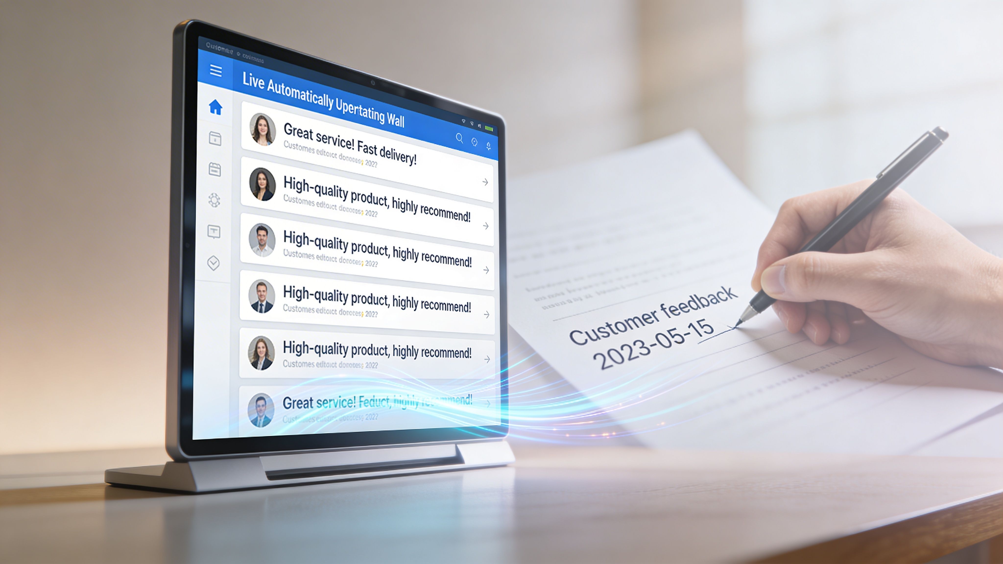 A digital screen displaying customer testimonials next to a hand writing on a physical feedback form.