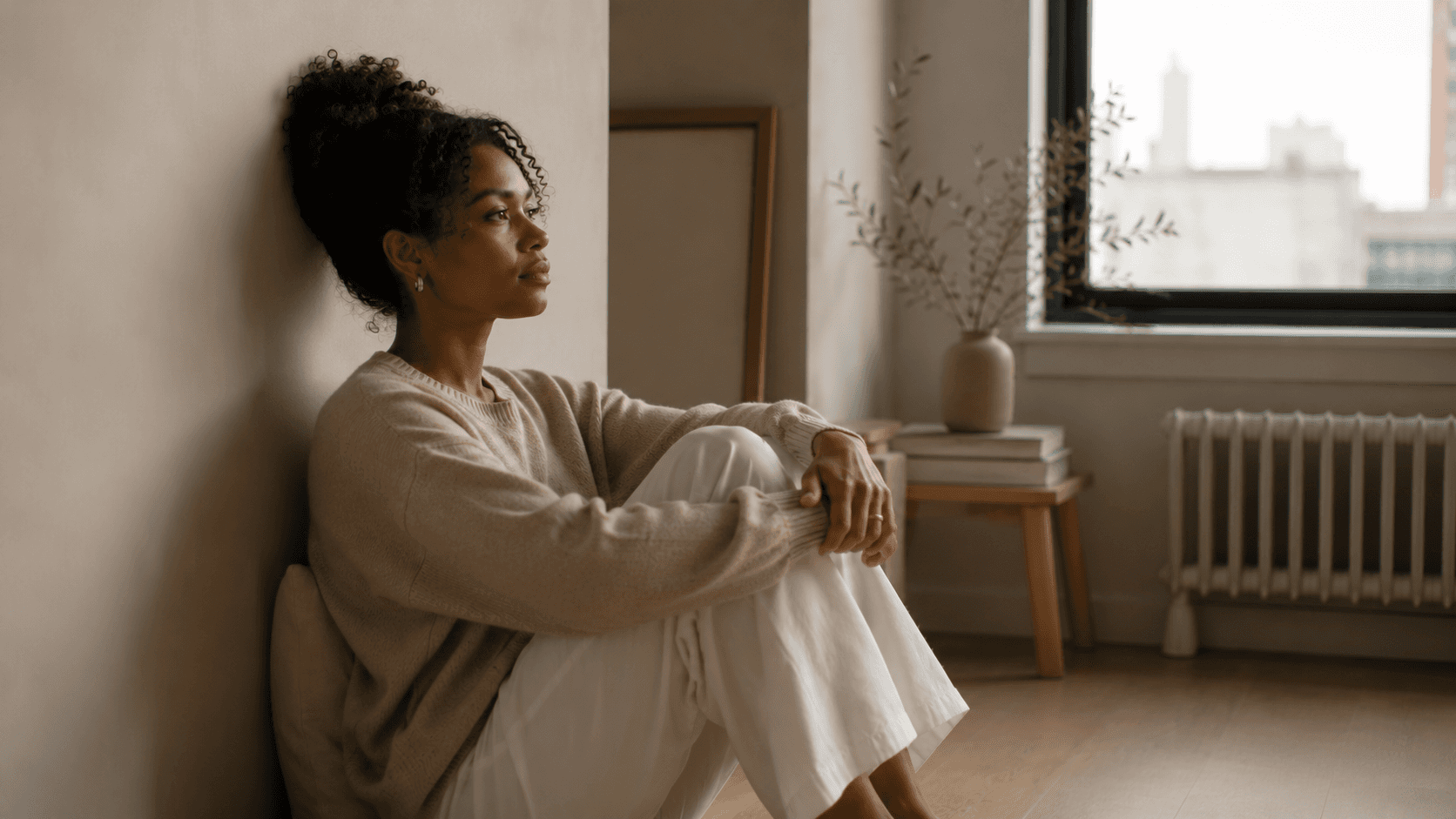 Woman sitting on the floor against a wall in a softly lit modern apartment