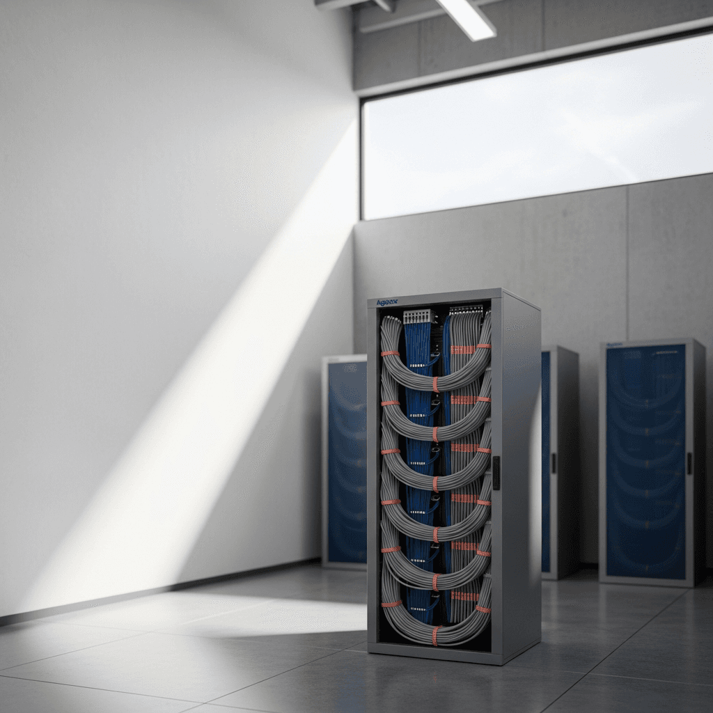 Editorial photograph of a secure, minimalist data center server room with natural light from a high window. The focus is on a single server rack with clean cabling, reflecting order and security. The color palette is dominated by muted grays, the Agintex blue #1F3B5B, and accents of off-white #F5F2EC. The composition leaves ample negative space in the upper-left third for text overlay. Aspect ratio 16:9. Photorealistic, no people, no text, no logos.