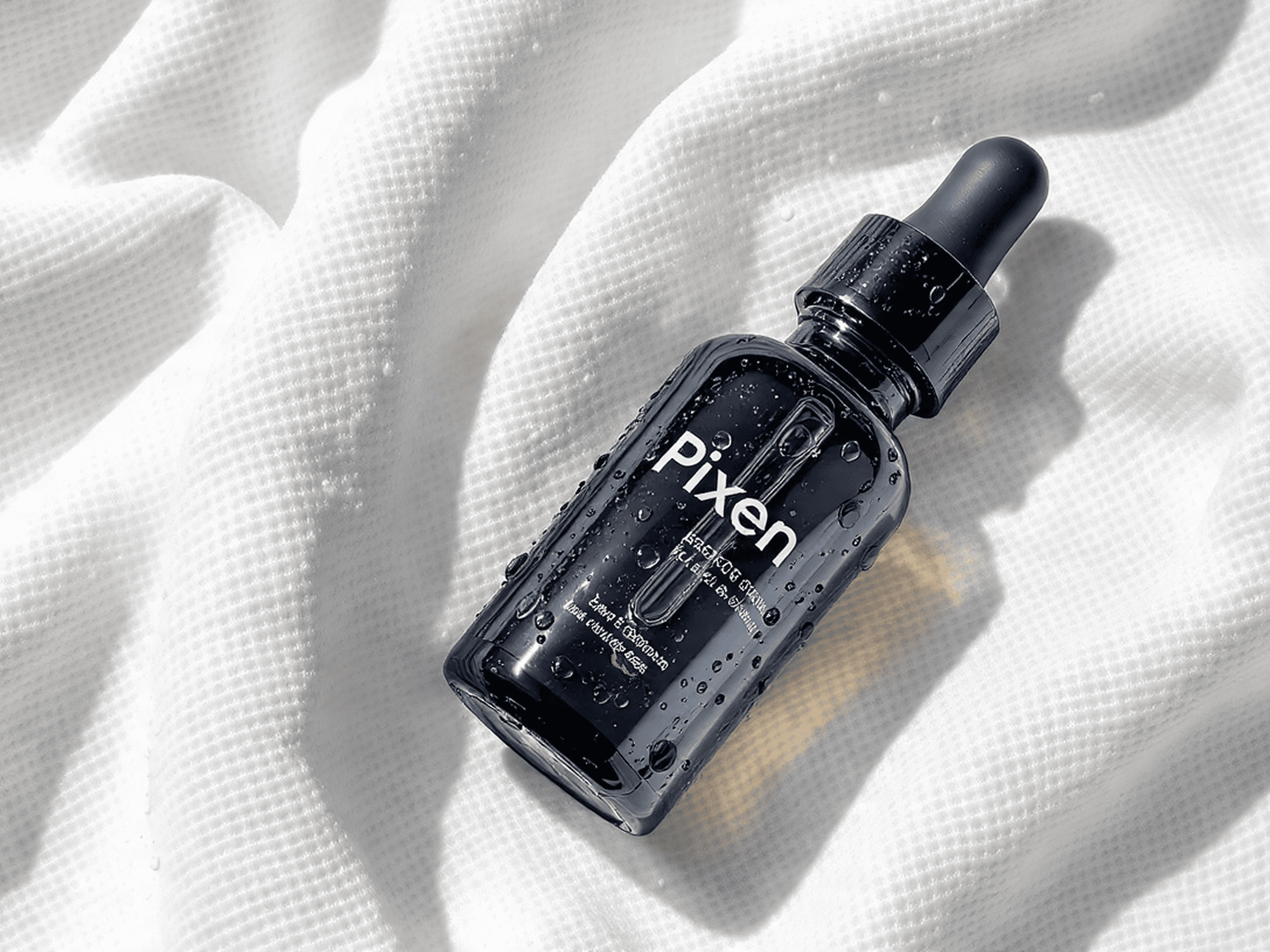 Black 'PIXEN Face RGB Serum' dropper bottle with water droplets on fabric