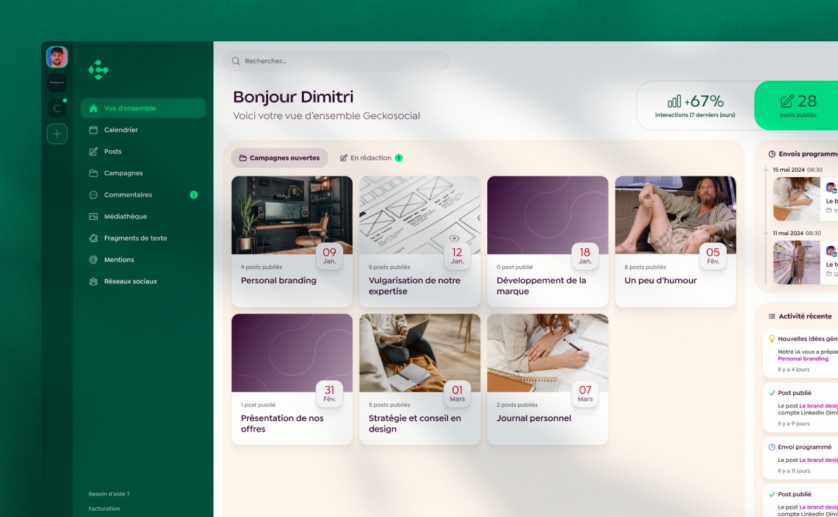 Geckosocial, social networks management tool, brand and UX/UI design