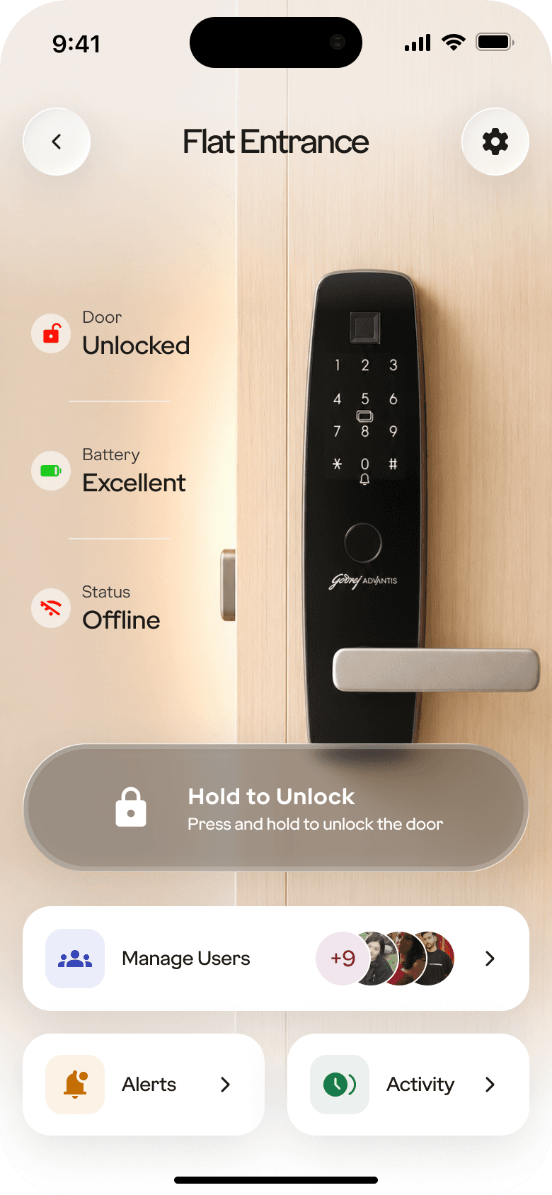 Godrej device page exploration for Flat Entrance: unlocked, battery excellent, offline