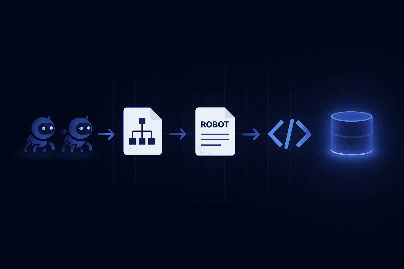 Flow diagram of AI crawler bots moving through sitemap, robots.txt, rendering, schema, into an LLM index