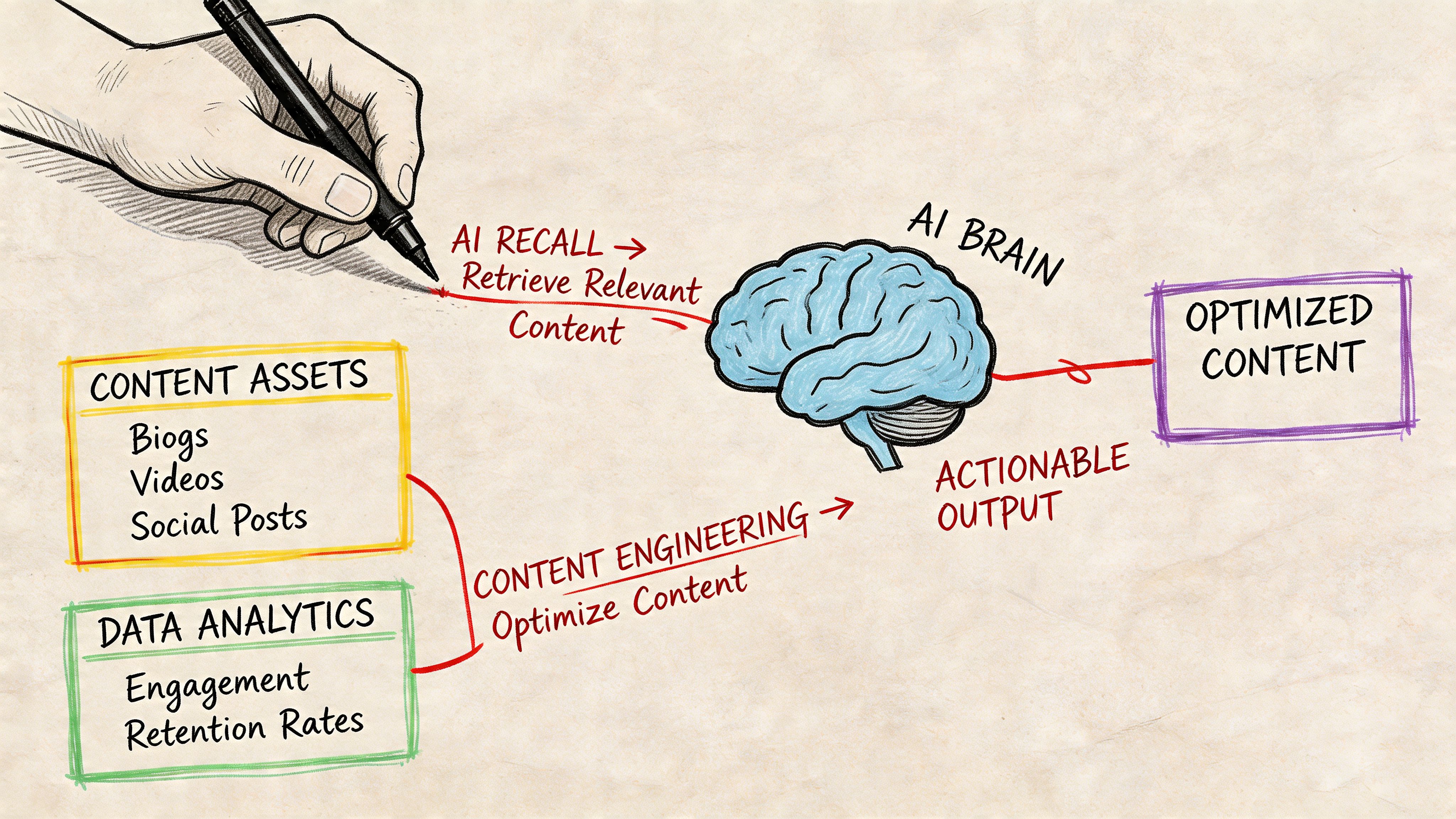 A hand-drawn illustration showing an AI brain processing content assets and data analytics for content optimization.