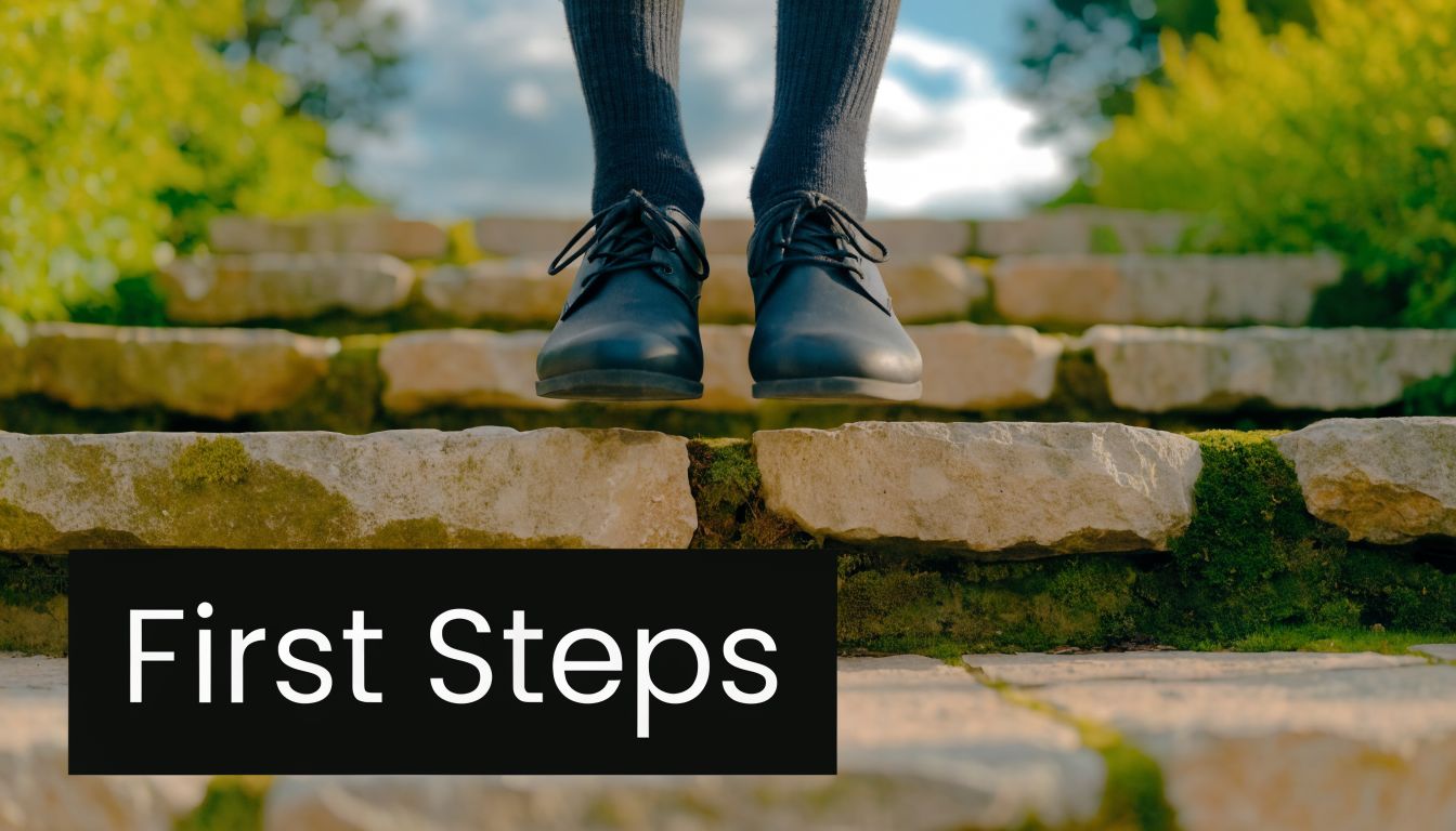 A person wearing black shoes and socks jumping over a stone staircase in an outdoor garden setting.
