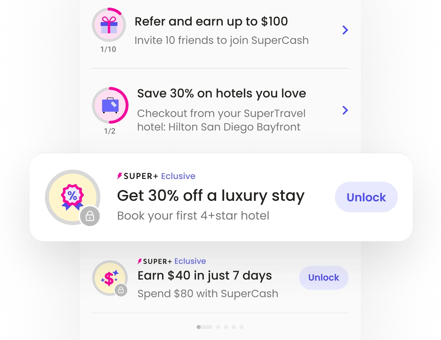 UI mockup of Super.com’s Missions showing exclusive Super+ rewards like 40% off luxury stays and $40 cashback, demonstrating how tiered missions encouraged upsells and deeper engagement.