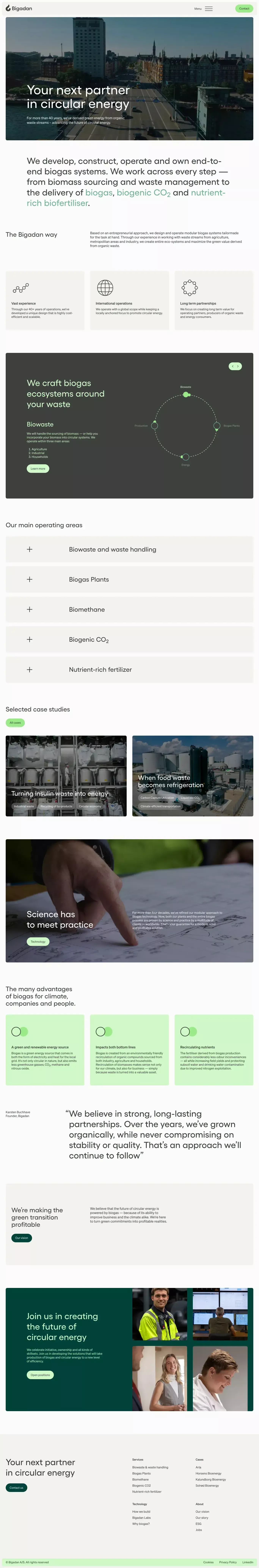 Your next partner in circular energy – B landing page screenshot showcasing Tech and Nature design
