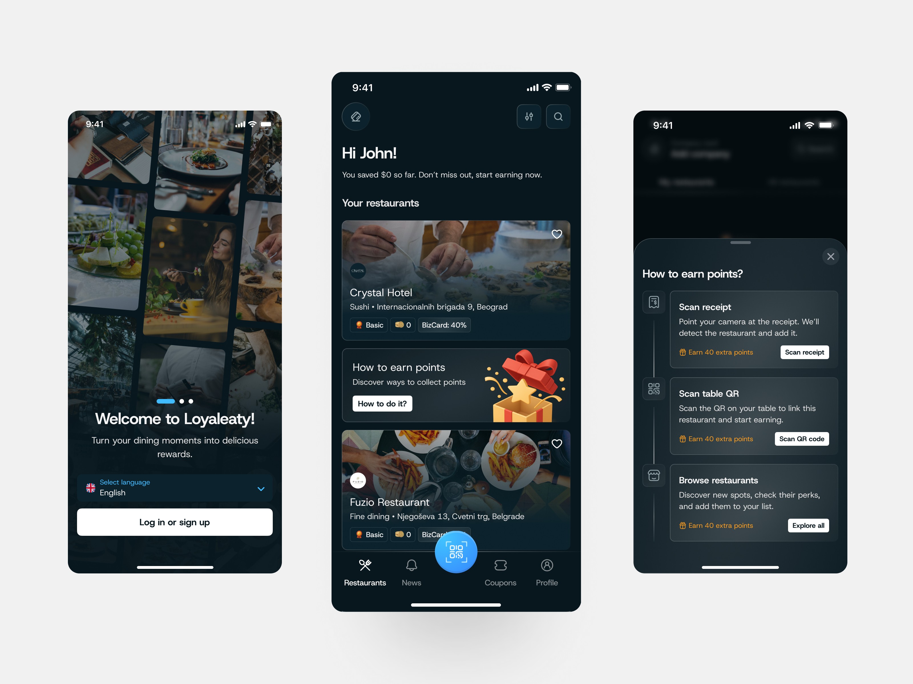 Sign-up flow of Loyaleaty loyalty app for restaurants – product design by Miodrag Vulićevic