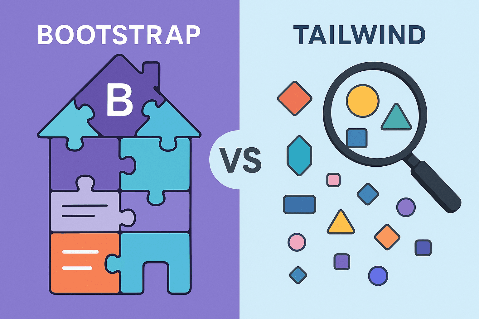 A split illustration comparing Bootstrap and Tailwind. The Bootstrap side shows interlocking puzzle pieces forming a structured layout, symbolizing pre-designed components, while the Tailwind side features colorful geometric shapes under a magnifying glass, representing granular design control.