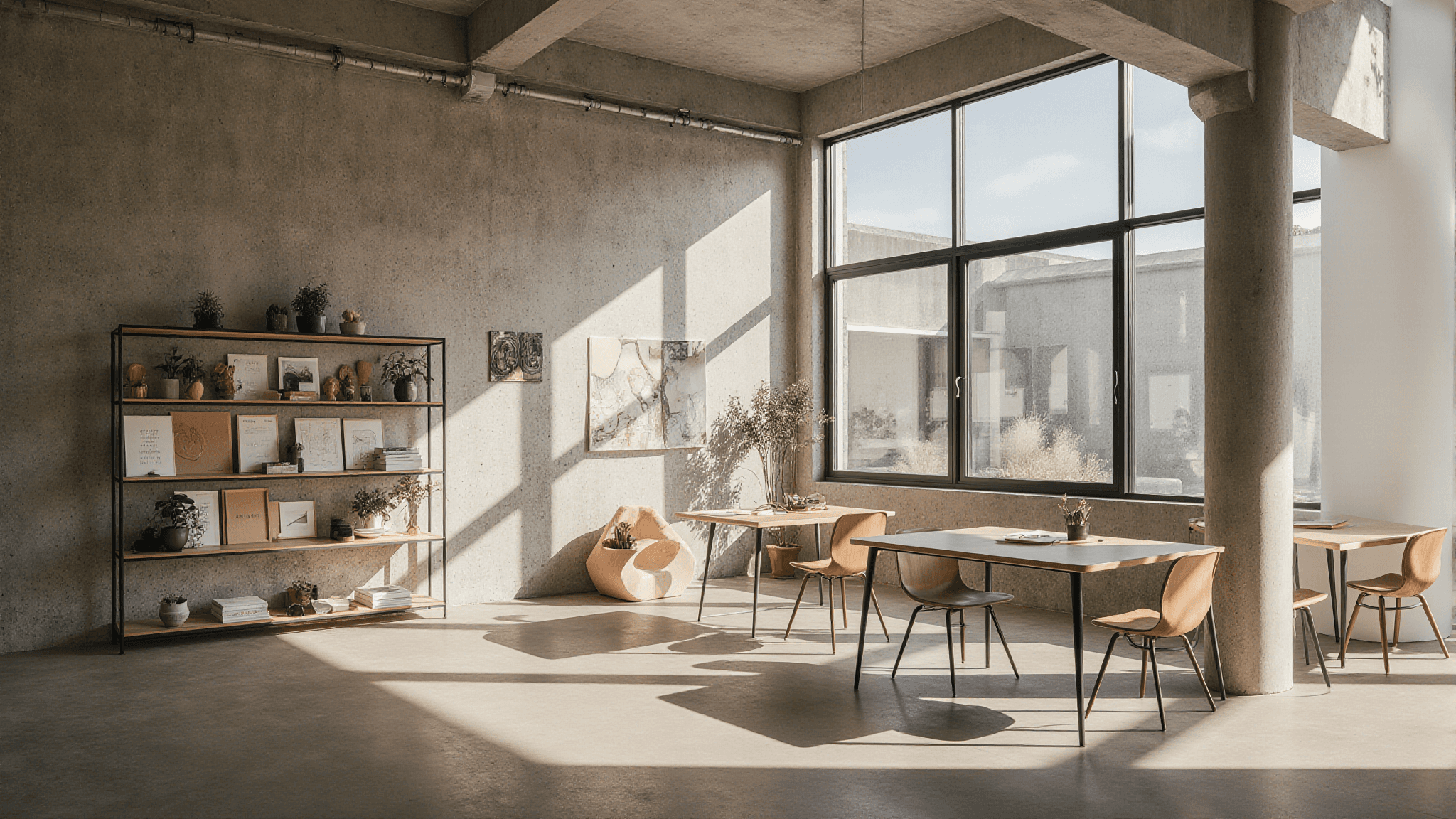 Bright, industrial-style workspace with concrete walls, large windows, and wooden tables, decorated with books, plants, and framed art.
