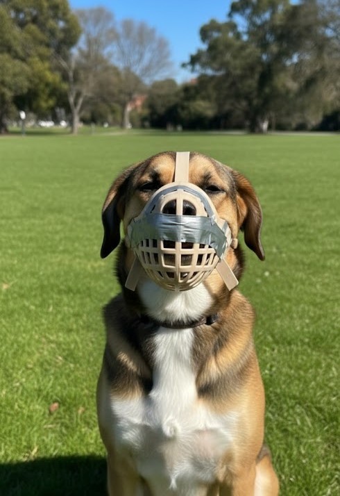 Dog comfortably wearing SnoutCover showing correct strap placement and fit