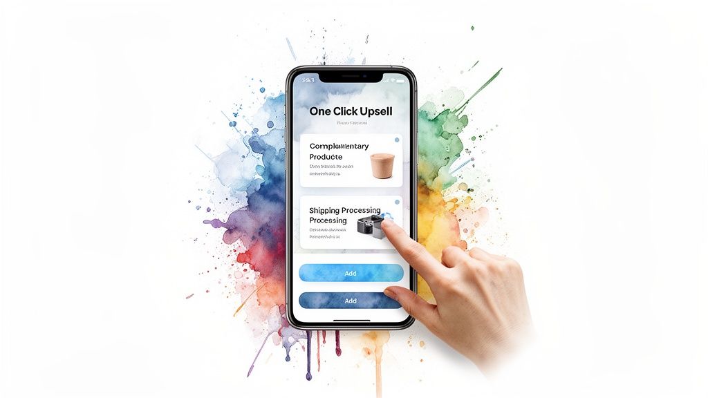 A hand interacts with a smartphone displaying a 'One Click Upsell' app with product and shipping options.