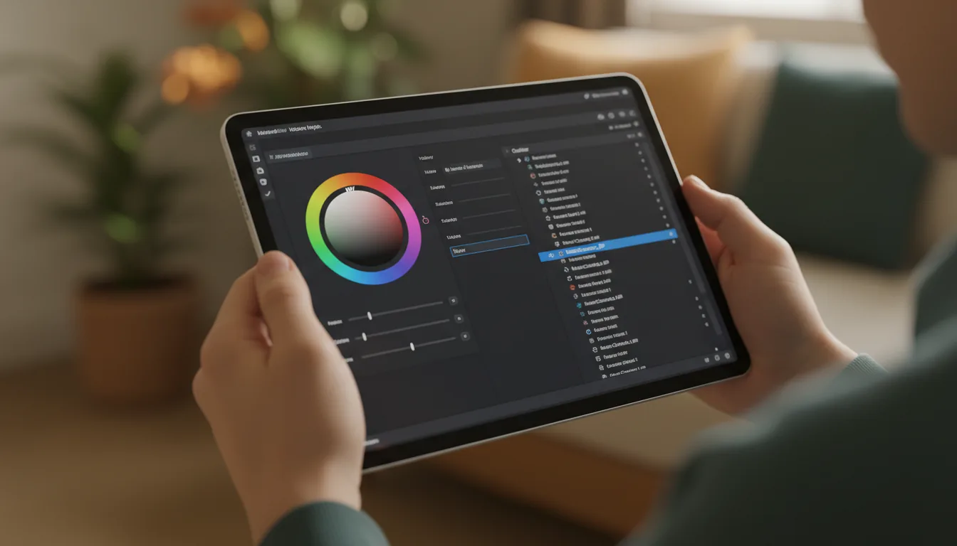 A high-fidelity, close-up photograph of hands holding a silver iPad in landscape orientation, with the screen in sharp focus. The scene features soft, natural daylight and a shallow depth of field, creating a warm, blurry bokeh background. The iPad displays the complex user interface of Unreal Engine 5 in a Modern Dark Mode. The UI is structured with panels: a left panel contains a large, vibrant HSV color wheel and parameter sliders, while the right panel shows an outliner with a hierarchical list of abstracted text lines, one highlighted in blue.