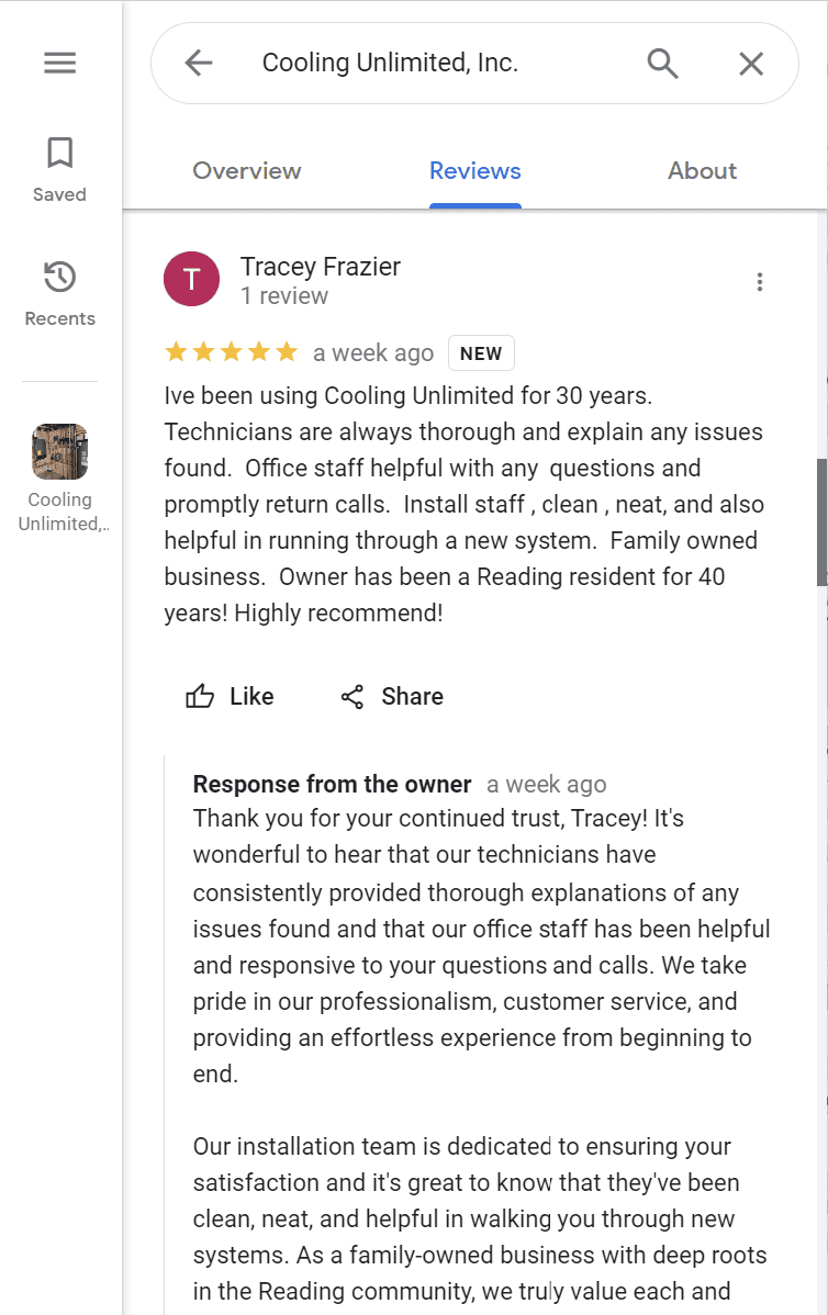 hvac company google review
