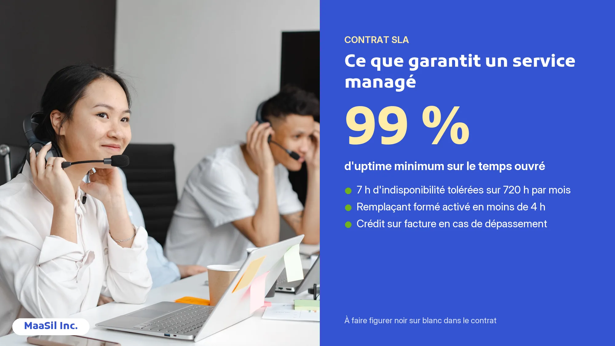 Infographie SLA d'un service d'assistants virtuels : 99 % d'uptime et remplaçant activé en moins de 4 heures