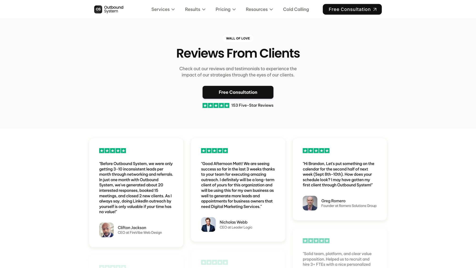 Outbound System testimonials showcase with 150+ five-star client reviews