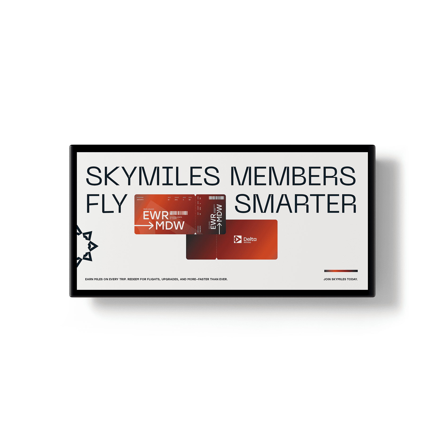 This image features a Delta SkyMiles advertisement displaying a flight ticket with "EWR > MDW" on a white background, alongside the text "SkyMiles Members Fly Smarter."