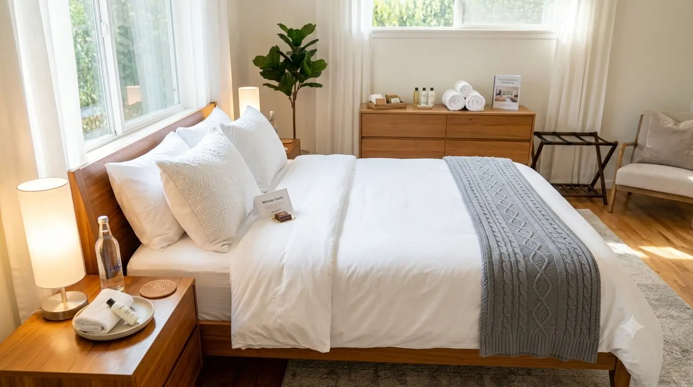 Vacation rental room prepared and stocked before guest arrival.