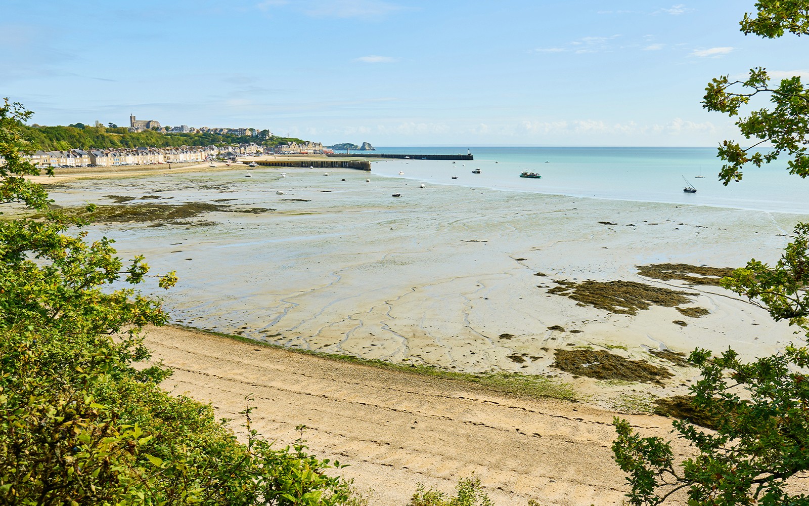 诺曼底，法国：圣米歇尔山湾，潮滩和远处的村庄。