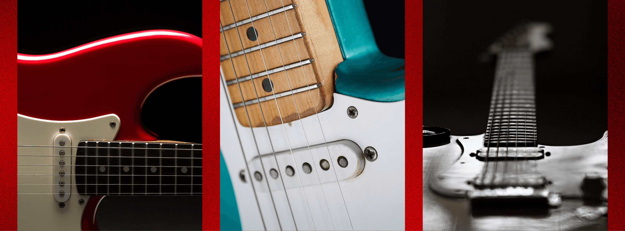 A red, blue and black guitar showing the brand's design inspiration