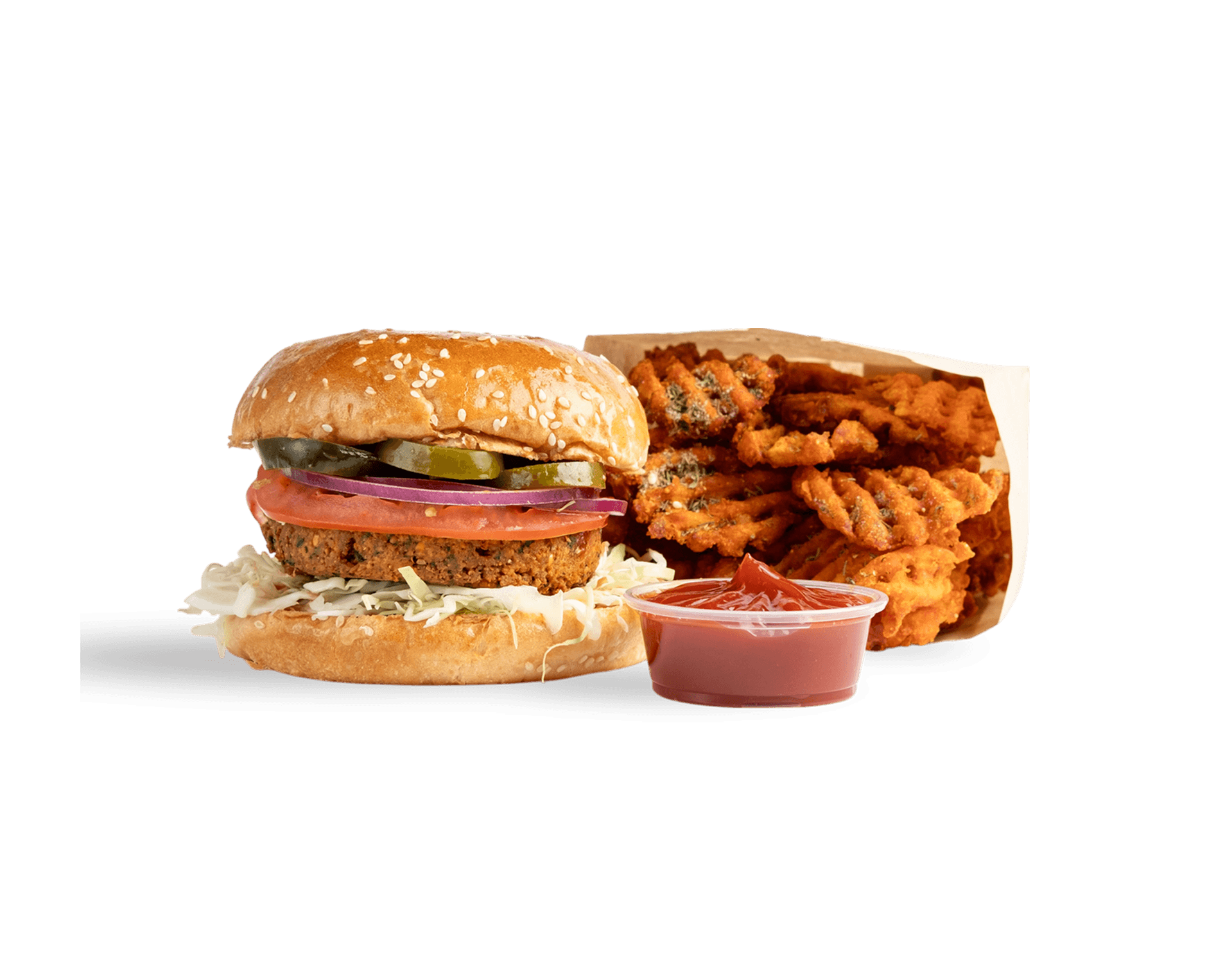 Crispy falafel patty, sliced tomatoes, onions, white cabbage, cherry peppers, & ketchup. Served with sweet potato fries.