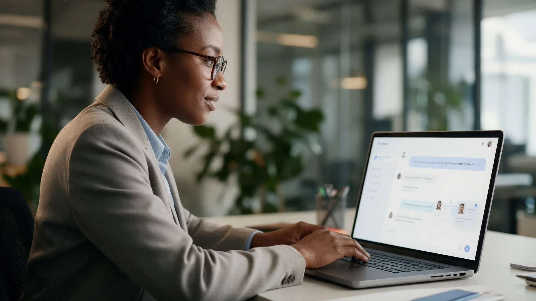 HR recruiter reviewing AI chatbot conversation with candidate profiles on laptop screen in modern office