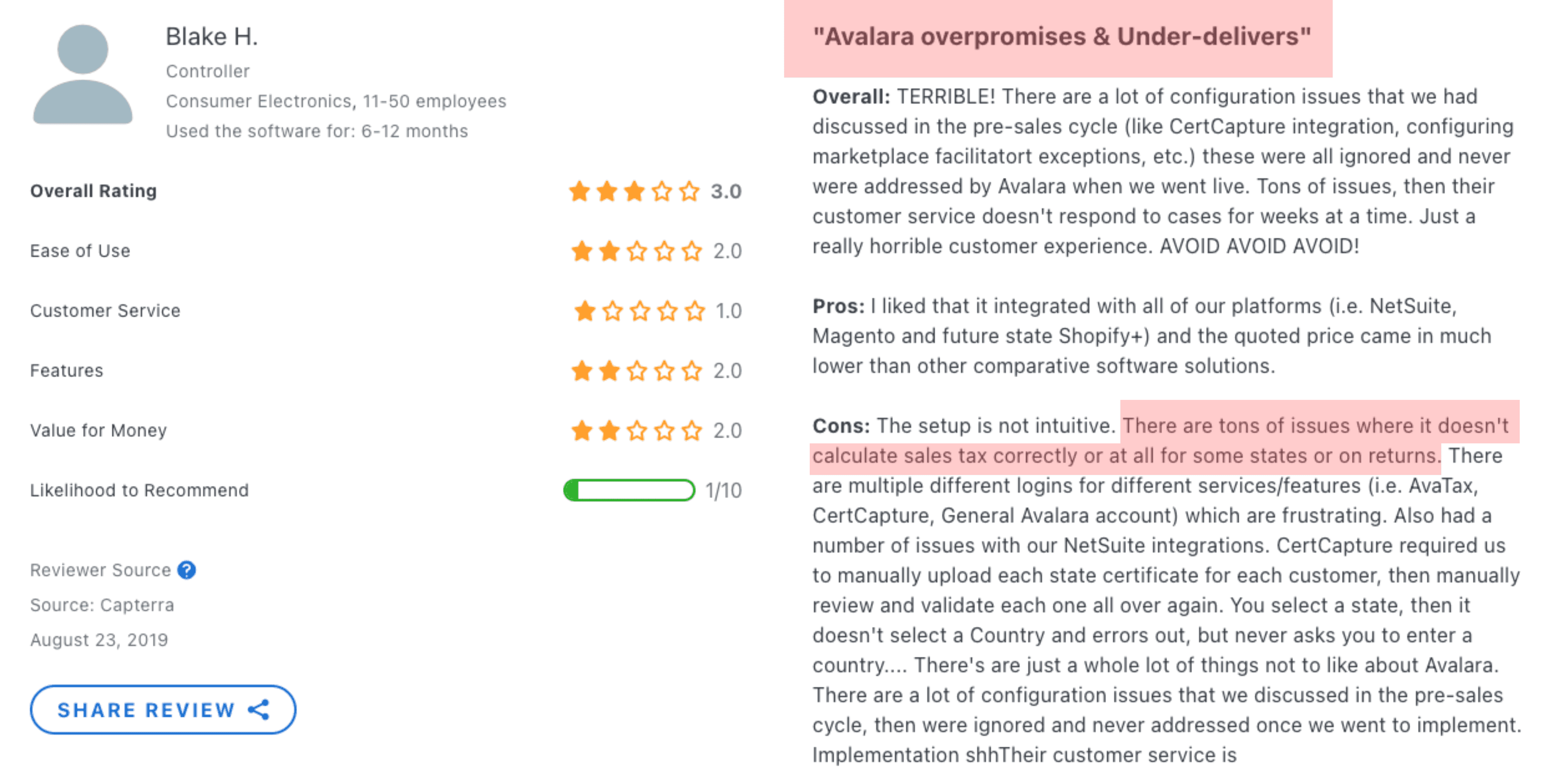 avalara miscalculated tax review