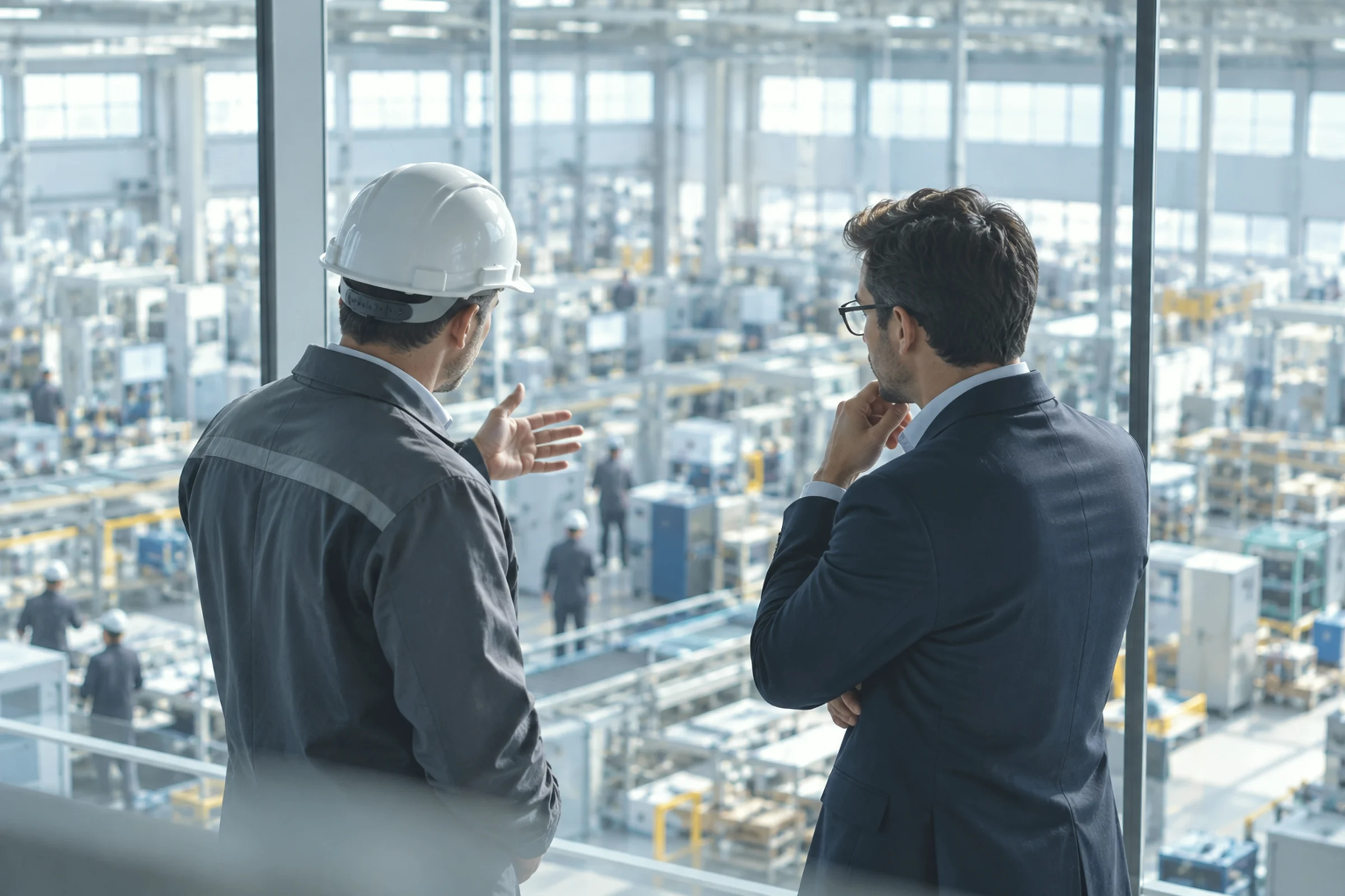 A plant manager and a consultant looking down at a production floor