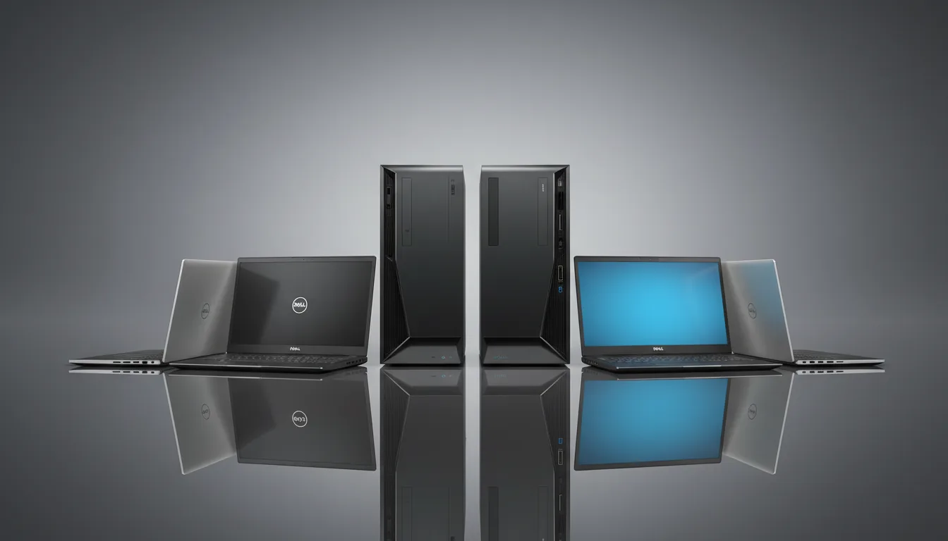 DSLR product photography of a collection of Dell Precision workstation towers and laptops, professionally arranged on a highly reflective dark grey surface. Two matte black desktop towers stand in the center, flanked by several open and closed laptops creating a symmetrical display. The scene is illuminated by soft studio lighting, creating subtle highlights on the metallic and plastic textures, against a clean, gradient grey backdrop. One open laptop features a bright blue screen, contrasting with the otherwise monochromatic color scheme. The entire composition has a sharp focus and a clean, commercial aesthetic.